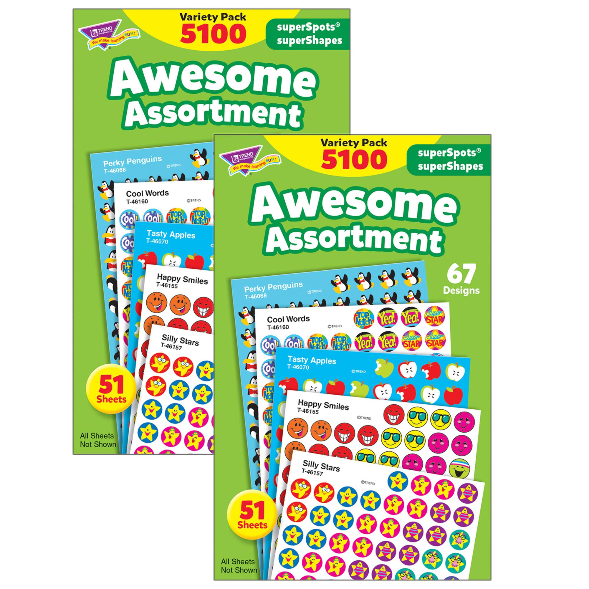 Trend Enterprises® Awesome Assortment superSpots®/superShapes Variety Pack, 2 Packs of 5,100